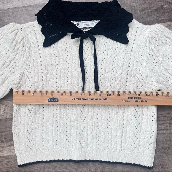 Zara Women’s  Short-Sleeve Collar Plain Contrast Trim Pointelle Knit Crop Size M - Picture 3 of 7